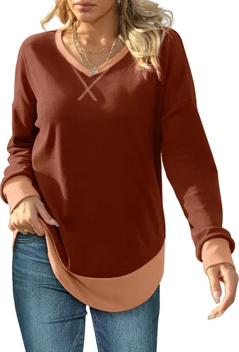 Vista 4 de Bofell Sudadera para mujer 2023, bloque de color, cuello en V, manga larga, trajes de otoño a la moda
