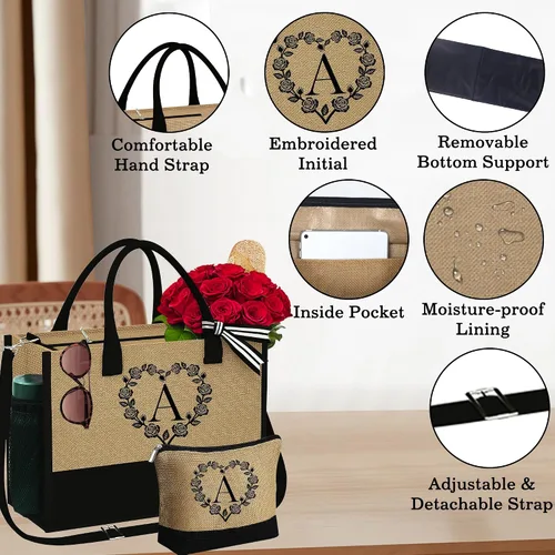 Vista 6 de Bolsa de yute con inicial y bolsa de maquillaje, bolsa de mano con monograma bordado, regalos de cumpleaños personalizados para mujeres y madres