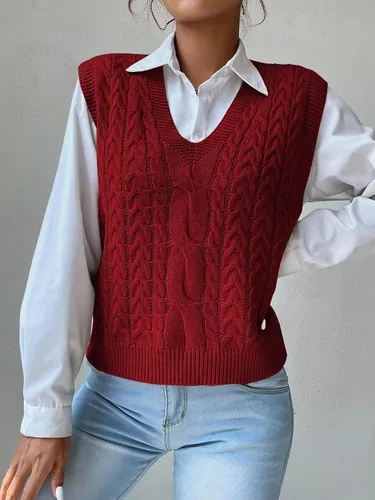 Vista 3 de Chaleco casual de punto trenzado con cuello en V para mujer, color liso, sin mangas, chaleco para mujer