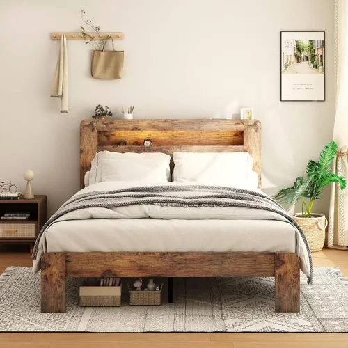 Vista 12 de Marco de cama matrimonial con almacenamiento de cabecero, marco de cama de plataforma de madera con estantería y estantes, estación de carga y luces