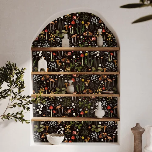 Vista 6 de Papel de contacto Boho negro de despegar y pegar con diseño de setas/caracoles/flores silvestres/mariposas, papel pintado extraíble decorativo