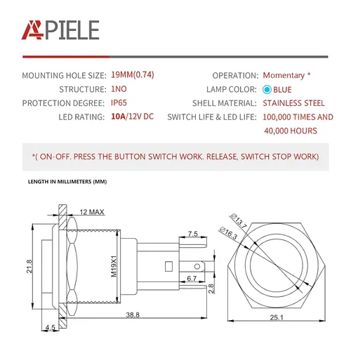 Vista 2 de Interruptor de botón momentáneo de 0.79 pulgadas, interruptor APIELE 10A 1NO de acero inoxidable IP65 a prueba de agua (12-24 V LED redondo alto)