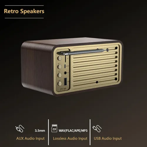 Vista 4 de Altavoz BT de madera retro vintage, radio AM FM portátil recargable con reproducción AUX/USB/TF, radio retro recargable para cafeterías