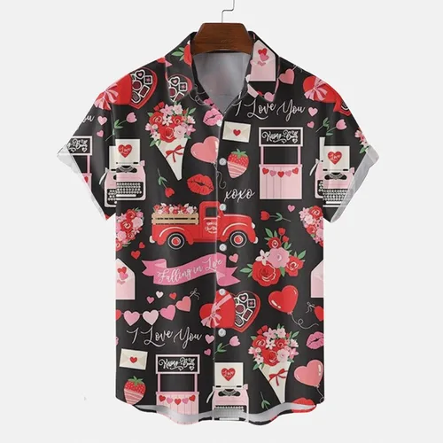 Vista 2 de Male Spring and Summer Shirts Casual Lapel Stripe Print Beach Short Sleeve Shirts Collar Shirts Men