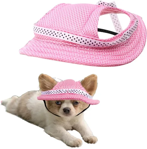 Vista 7 de Sombrero para perros extra pequeños para llevar cachorros con agujeros para las orejas y correa para la barbilla, sombrero de visera para perro Azul