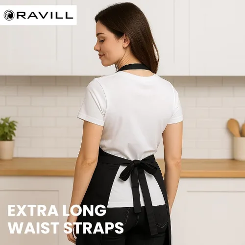 Vista 3 de Ravill Delantal negro con bolsillos para hombres y mujeres, delantales de trabajo de poliéster multiusos de 35 pulgadas de largo para cocinar