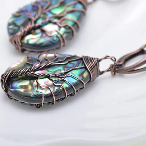 Vista 6 de Aretes de árbol de la vida de concha de abulón marino con alambre de cobre de bronce para mujer, cierre vintage