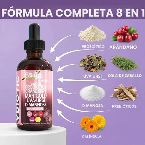 Vista 4 de Clean Nutraceuticals VBiotic - Probiótico vaginal para mujer, gotas líquidas Cranberry Uva Ursi Cola de caballo D-Manosa Prebióticos Caléndula