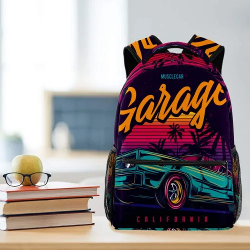 Vista 6 de LORVIES American Muscle Car en estilo retro neón, pintura ligera, mochila clásica para la escuela, mochila de viaje para niñas, mujeres, niños