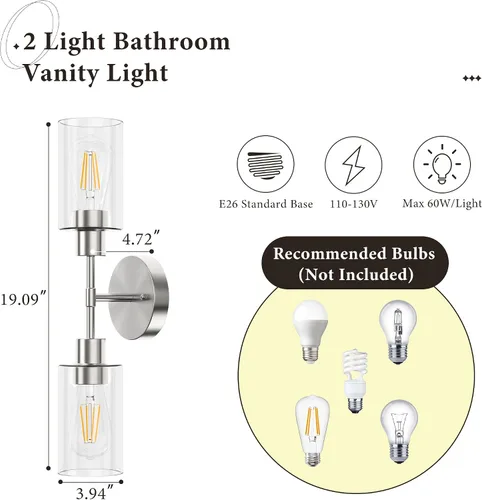 Vista 5 de Accesorios de Iluminación de Baño 2 Luces Níquel Cepillado, Luces de Tocador de Baño Sobre Espejo, Apliques de Pared de Iluminación de Baño, Luz