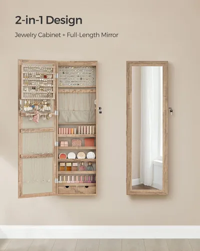 Vista 4 de SONGMICS Armario de joyería con espejo de 6 LED, 47.2 pulgadas de alto con cerradura para pared o puerta, organizador de joyas con espejo, 2