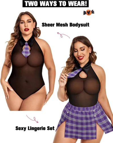 Vista 3 de Avidlove Conjunto de lencería de talla grande para mujer, trajes sexys para juegos de rol, disfraz de cosplay, lencería escolar con falda a cuadros