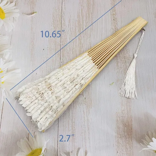 Vista 6 de Propupy Abanico de mano plegable para mujer, elegante abanico de algodón, hecho a mano, vintage, retro, con varillas de bambú y borlas de seda