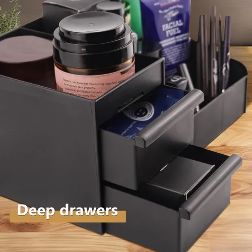 Vista 3 de Organizador de tocador negro con cajones – Caja grande de almacenamiento para hombres en encimera para colonia, cuidado de la piel, maquillaje