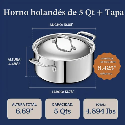 Vista 6 de LEGEND COOKWARE Horno holandés de 5 capas de acero inoxidable de 5 cuartos de galón con tapa, compatible con inducción, apto para horno a 800 °F,