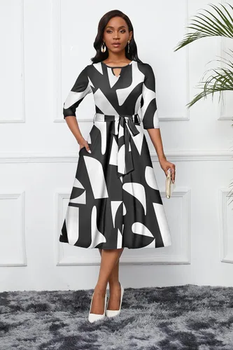 Vista 2 de CLOCOR Vestidos midi para mujer, casual, acampanado, vestido acampanado y acampanado, manga 34, cuello redondo, vestido de fiesta de cóctel