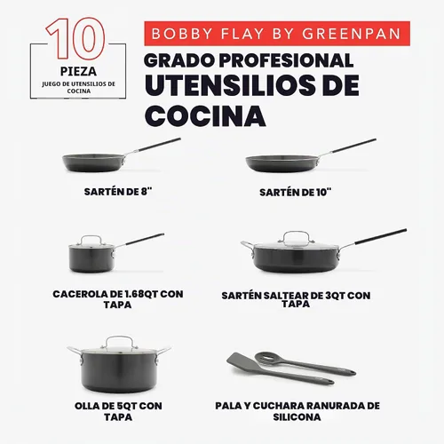 Vista 4 de GreenPan x Bobby Flay - Juego de ollas y sartenes antiadherentes de 10 piezas, cerámica de diamante sin PFAS, apto para inducción, fácil de limpiar
