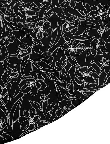 Vista 7 de JOGAL - Camisa hawaiana de Aloha para hombre, manga corta, diseño de flores Negro Blanco Línea