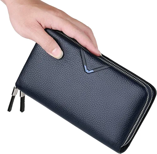 Vista 7 de Carteras de cuero para hombre con doble cremallera, Azul, Cartera de viaje