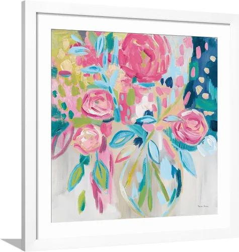 Vista 13 de ART.COM Farida Zaman - Lienzo enmarcado para pared, diseño floral rosa de verano, decoración botánica, 16 x 16 pulgadas, marco negro con paspartú
