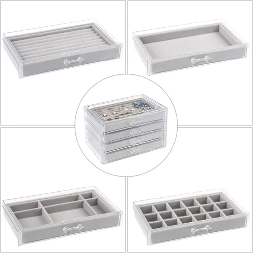 Vista 4 de Weiai Organizador de joyas acrílico caja de joyería transparente con 4 cajones vitrina de terciopelo para almacenamiento aretes anillos collares