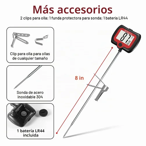 Vista 6 de BOMATA Termómetro digital de caramelo con clip para olla, termómetro de aceite para freír profundo con pantalla giratoria y sonda larga, para hacer