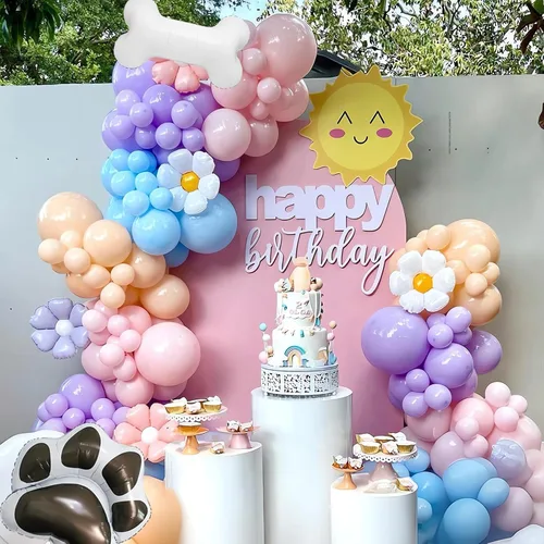 Vista 6 de Kit de arco de globos azules 140 piezas azul pastel rosa morado rubor globos con margarita hueso pata de perro globos de papel de aluminio