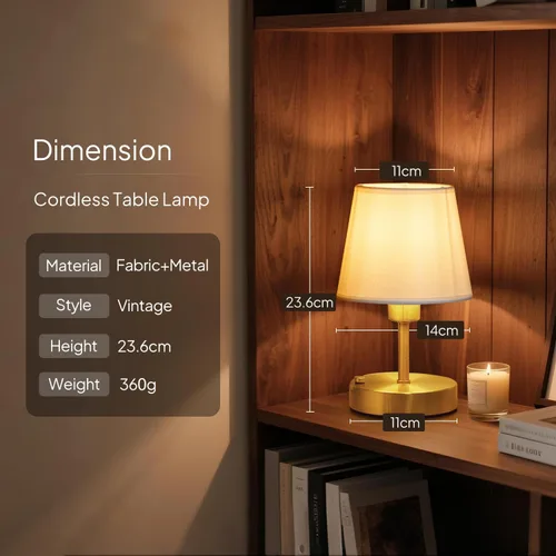 Vista 6 de Lámpara de mesa recargable inalámb EppieBasic: carga rápida, luz cálida de 2700 K de Larga duración, diseño Vintage pequeño dorado para sala