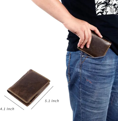 Vista 7 de HAWEE Cartera triple de cuero de vacuno con bloqueo RFID para hombres 10 ranuras para tarjetas 2 ventanas de identificación con bolsillo