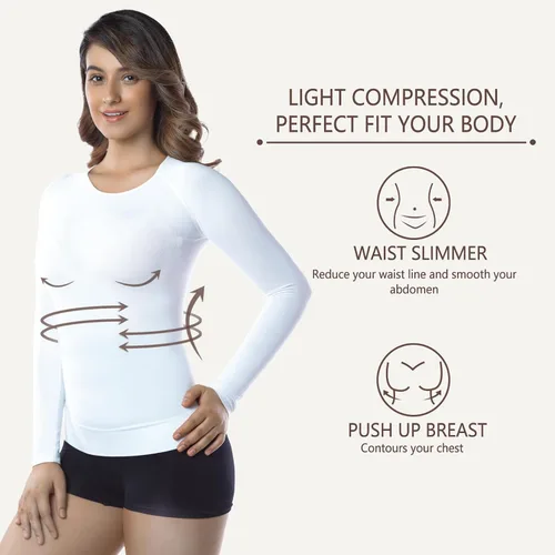Vista 3 de +MD Camisetas de bambú para mujer para cintura y busto de manga larga, ropa interior térmica con cuello redondo