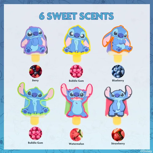Vista 3 de Disney Stitch - Juego de 6 brillos de labios Flip-Top Ice Pop, brillo de labios a base de plantas con forma de puntada coleccionable, kit
