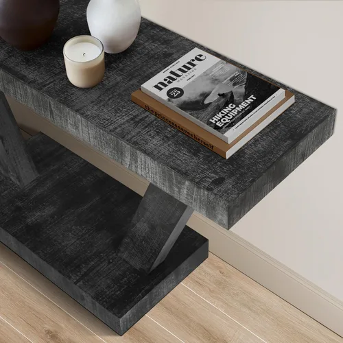 Vista 4 de Henf Mesa consola de 60 pulgadas moderna de madera para sofá de entrada detrás del sofá con base de soporte triangular para pasillo, entrada, sala