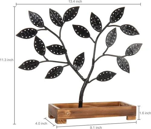 Vista 4 de MyGift Organizador de almacenamiento de aretes, árbol de joyería de metal negro mate, collar y colgante de pulsera con bandeja de anillos de madera