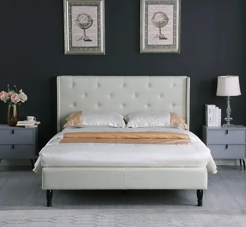 Vista 10 de Base de cama de plataforma tapizada Queen con cabecera de 45 pulgadas y base ajustable, cama de lino con botones copetudos, soporte de listones