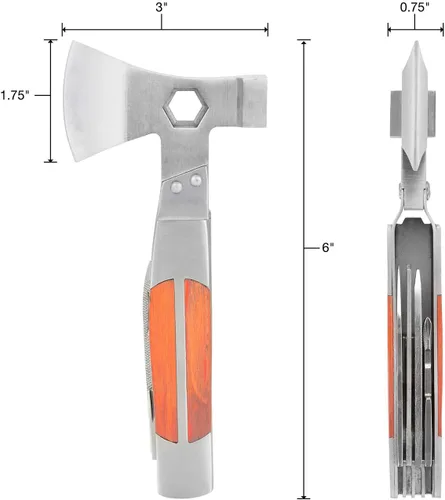 Vista 2 de Sheffield 12301 Camper - Herramienta múltiple de cabeza de hacha 12 en 1, hacha, martillo, destornilladores, escalador de pescado, llave hexagonal