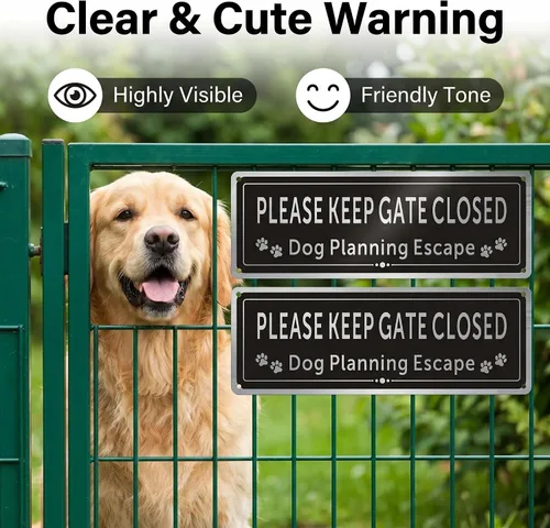 Vista 3 de Paquete de 2 letreros de metal con texto en inglés «Please Keep Gate Closed» (Please Close the Gate Closed), diseño de perro de escape, aluminio
