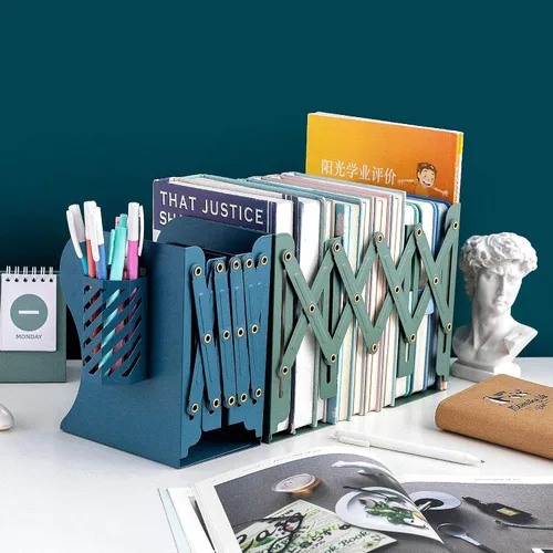 Vista 4 de Sujetadores de libros ajustables Gardesk, sujetadores de libros de metal para libros pesados, sujetadores de libros resistentes, antideslizantes Azul