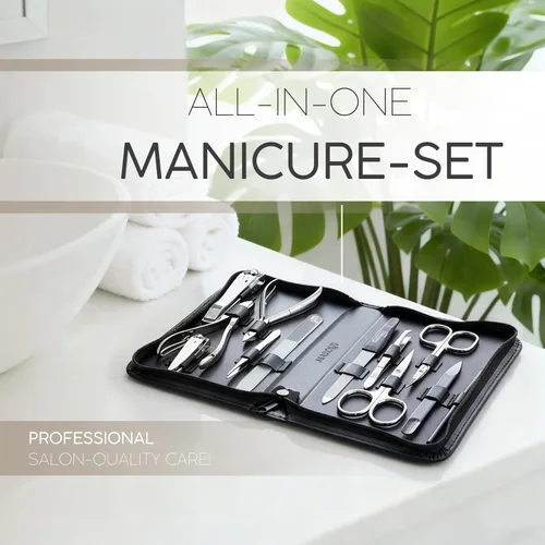 Vista 2 de Juego de manicura para mujeres y hombres – Kit de aseo profesional de 12 piezas con herramientas de primera calidad, funda de cuero genuino y lima