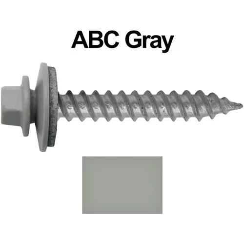 Vista 2 de 12 tornillos para techos de metal gris ABC de 1-1/2 pulgadas, cabezal de arandela hexagonal, arranque automático/roscado, arandela EPDM. 1 bolsa