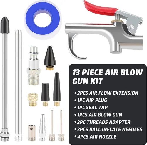 Vista 6 de Kit de pistola de soplado de aire, 2 extensiones de flujo de aire, 4 puntas de boquilla, kit de accesorios para compresor de aire 13 piezas