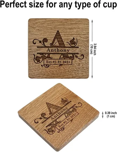 Vista 2 de Posavasos personalizados, posavasos de madera grabados personalizados para bebidas, posavasos con monograma con soporte, regalos de boda, regalos