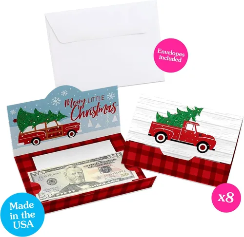Vista 3 de Big Dot of Happiness Merry Little Christmas Tree – Juego de 8 portatarjetas de regalo y dinero para fiestas de Navidad para camión rojo y coche