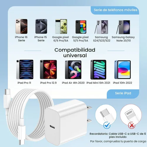 Vista 6 de Cargador para iPhone de carga rápida de 20 W, paquete de 3 con cable USBC a USBC de 6 pies iPhone 17 Charger for Home, Office & Travel, USB C