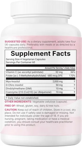 Vista 6 de Myo-inositol y D-Chiro Inositol 2,050 mg 240 cápsulas vegetales + vitamina C, folato, DIM y CoQ10 Suplemento de inositol para mujeres