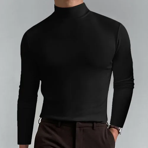 Vista 3 de Camisetas de cuello alto para hombre, estilo casual, ligeras, básicas, de algodón, de manga larga, cuello alto falso