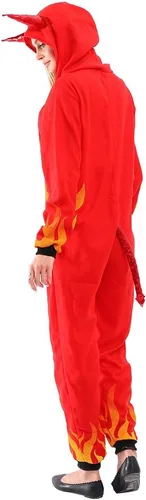 Vista 4 de AERO ARMOR Disfraz de diablo de fuego para mujer, disfraz de Halloween con capucha, pijama de demonio rojo, overol de cosplay