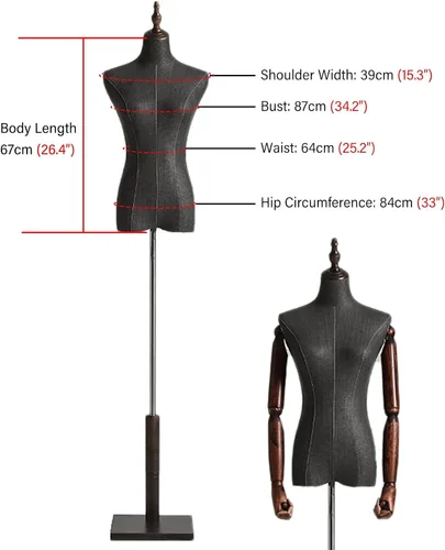 Vista 3 de Sewing Mannequin Torso Maniquins Body Female Black, Clothing Dress Form Stand Adjustable Half Body Torso Manikin/Dummy for Shop Display, with Wooden