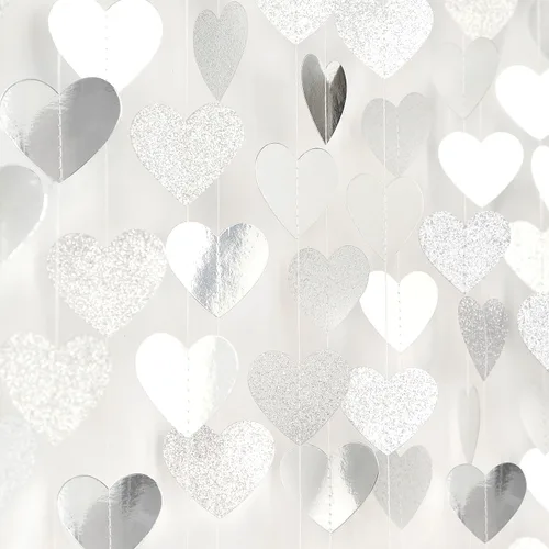 Vista 12 de Guirnalda de corazones para decoración de fiesta en negro, blanco y plata - 52 pies para cumpleaños de 21 años, víspera de Año Nuevo, fondo Blace