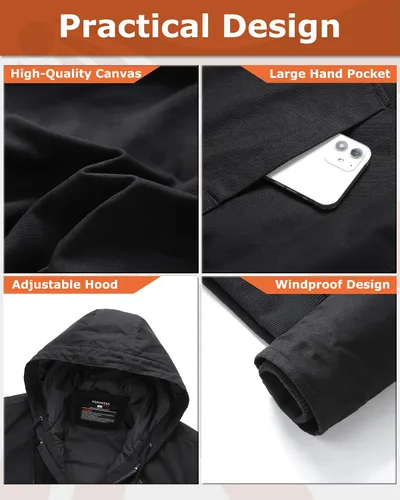 Vista 6 de Venustas 12V Men's Dual-Control Heated Canvas Jacket with Battery, Winter Heated Work Jacket, Electirc Heated Hoodie Jacket