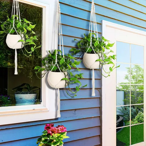 Vista 7 de MIPON - Paquete de 3 perchas de macramé para interiores con 3 ganchos, soporte para macetas colgantes para plantas, tamaños de 46"/41"/34